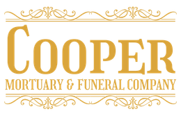 Gold “Cooper Mortuary & Funeral Company” logo with ornate decorative flourishes on a white background