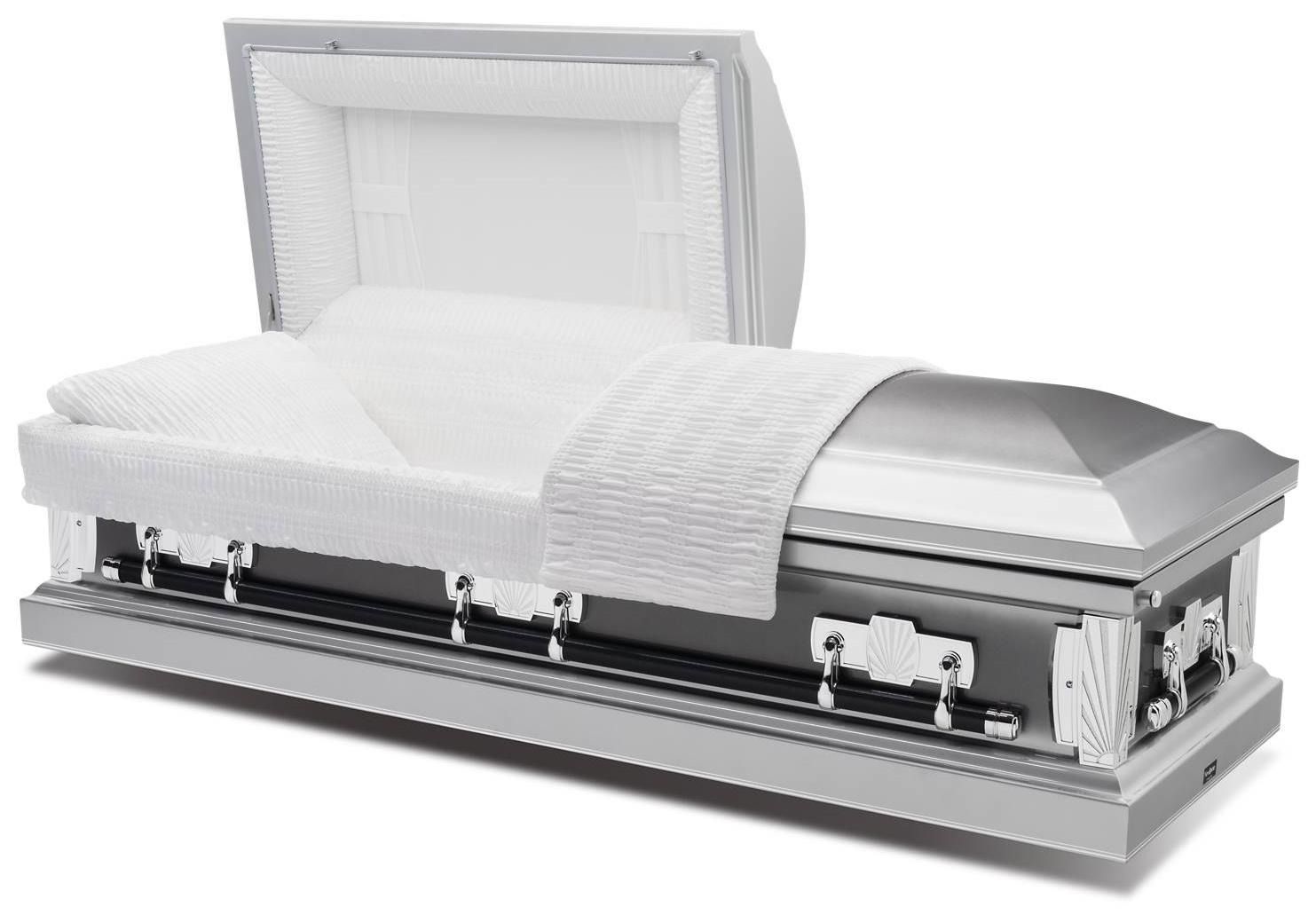 Open casket with white satin lining and silver exterior, shown in cutaway view.