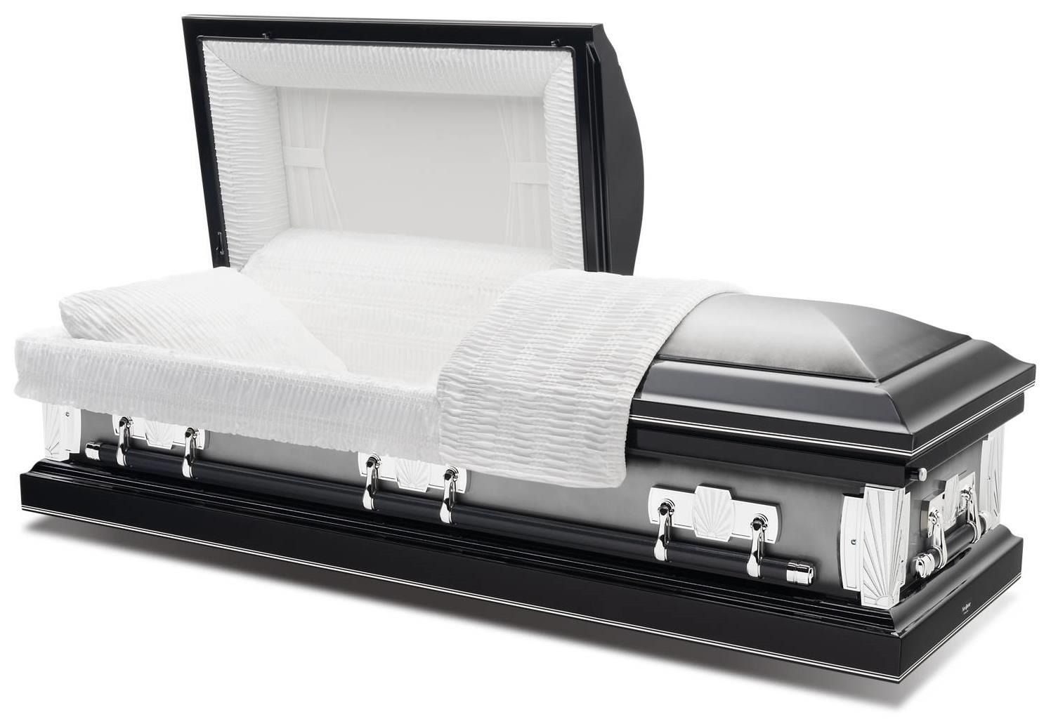 White coffin with open lid showing a cushioned interior and black exterior trim