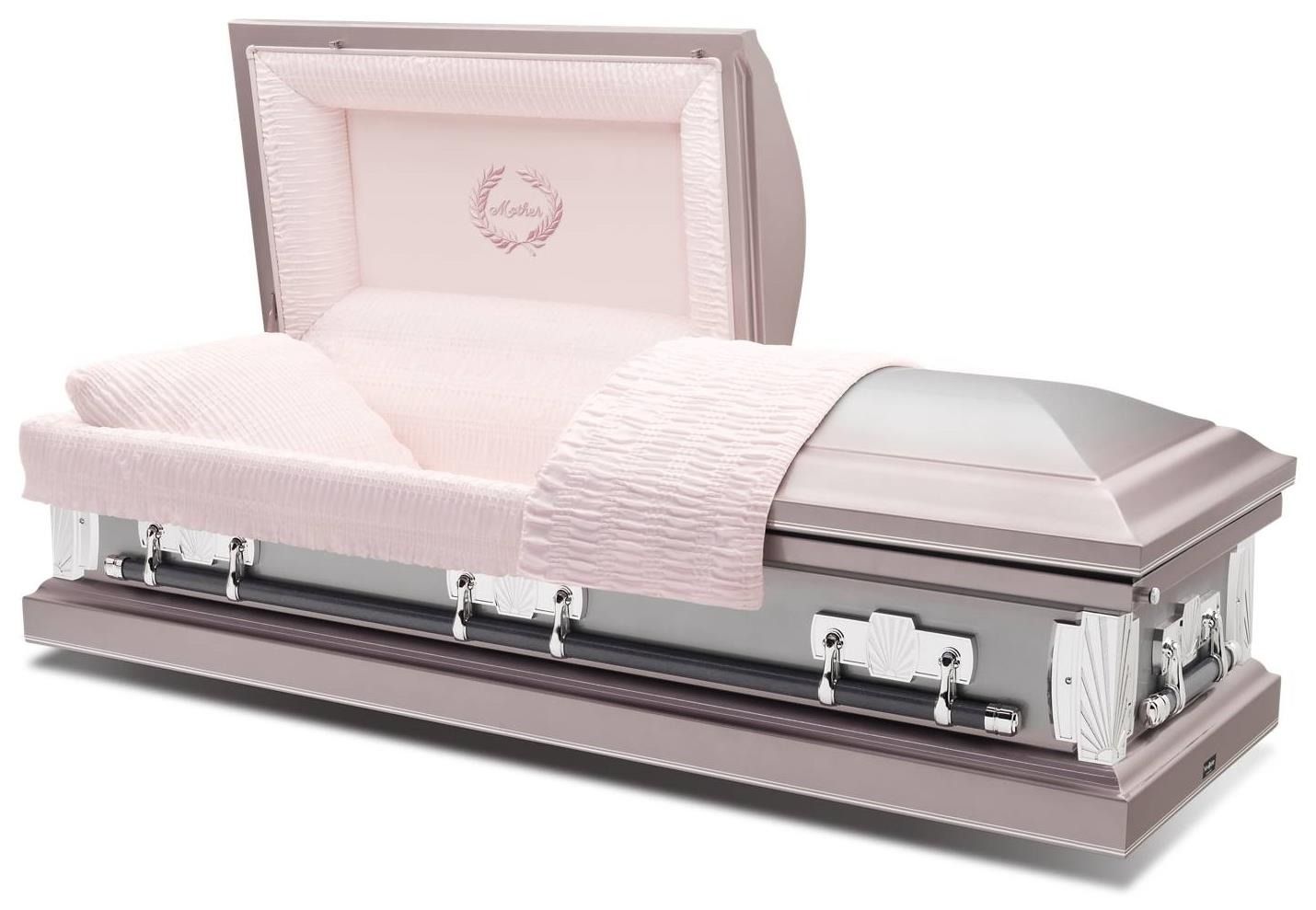 Open rose-pink casket with quilted interior and silver trim on a white background
