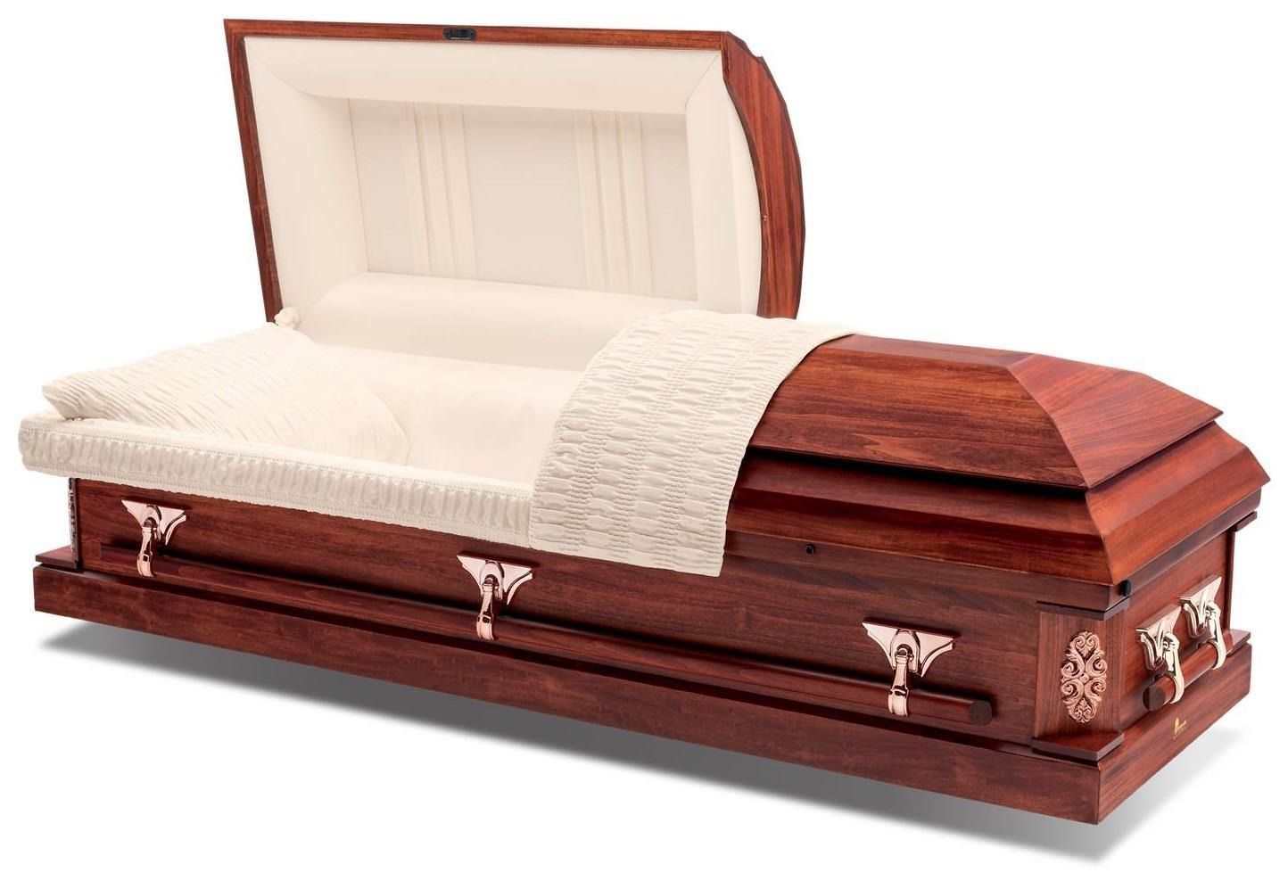 Wooden casket with open lid and white interior lining