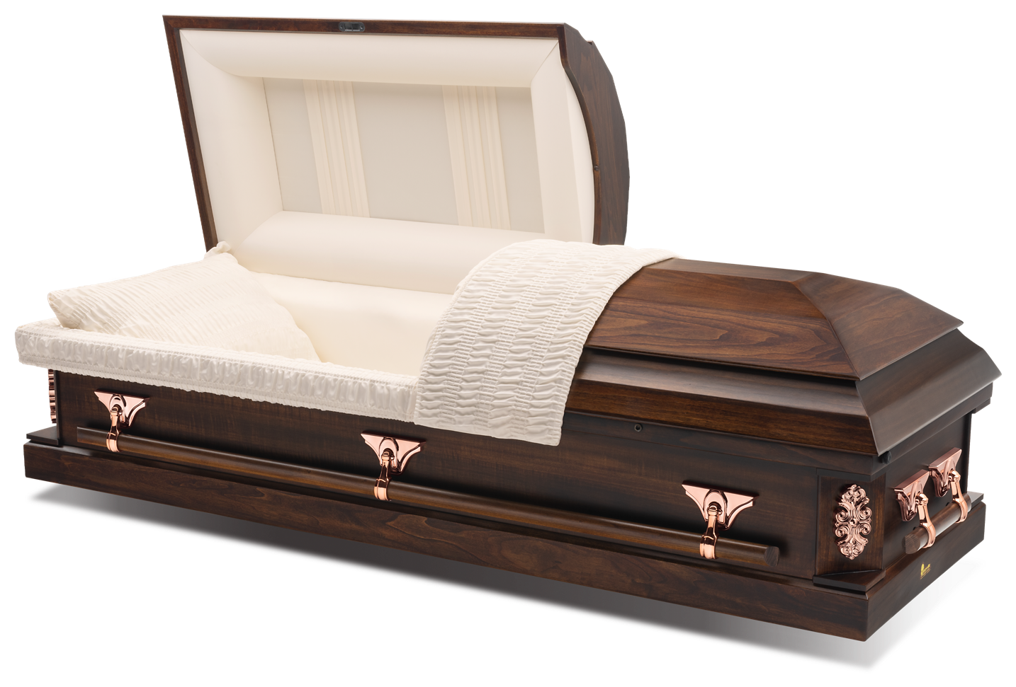 Dark brown casket with cream satin lining and silver accents, shown open on a white background