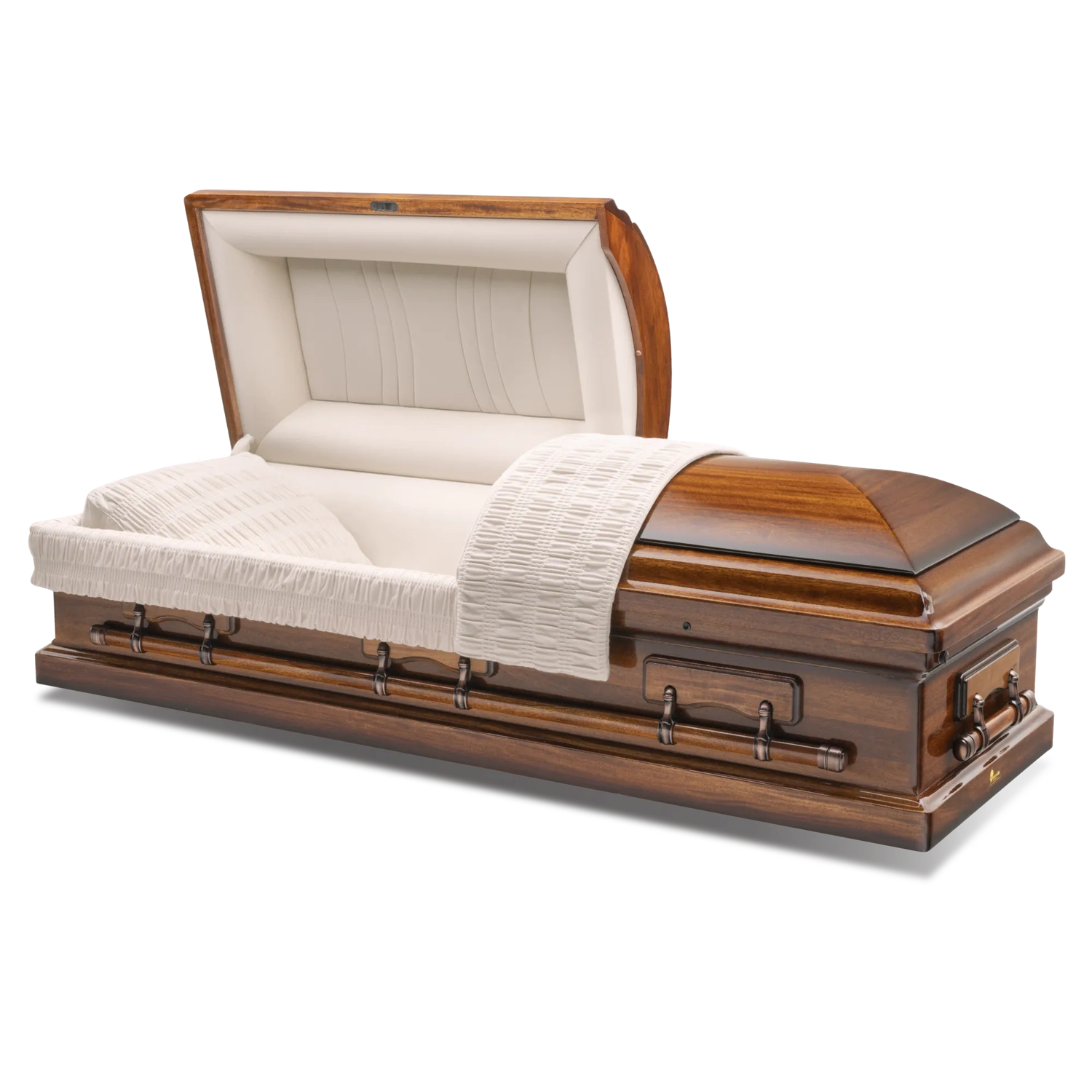 Open wooden casket with white interior and draped white fabric on a plain background