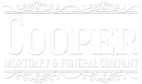 Embossed logo reading “Cooper Mortuary & Funeral Company” with decorative scroll borders