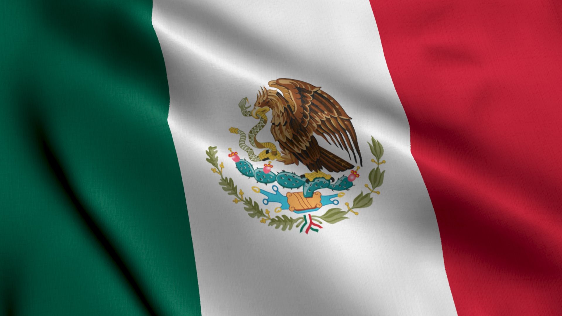 Waving flag of Mexico with green, white, and red stripes and the national emblem centered