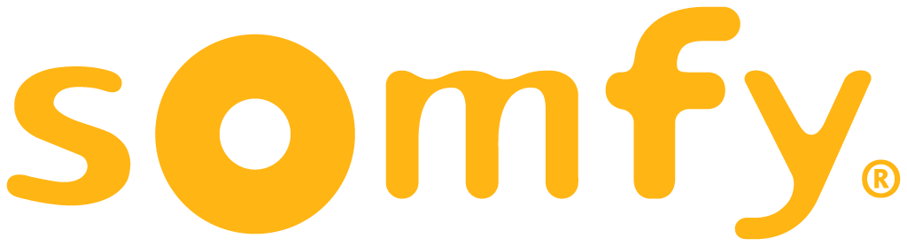 Le logo somfy est jaune et blanc sur fond blanc.