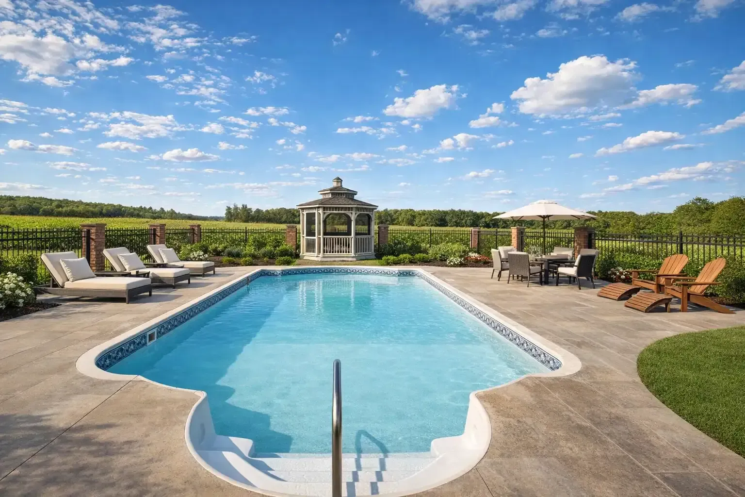 A rectangular backyard swimming pool with lounge chairs, dining furniture, and a gazebo under a blue, cloudy sky.