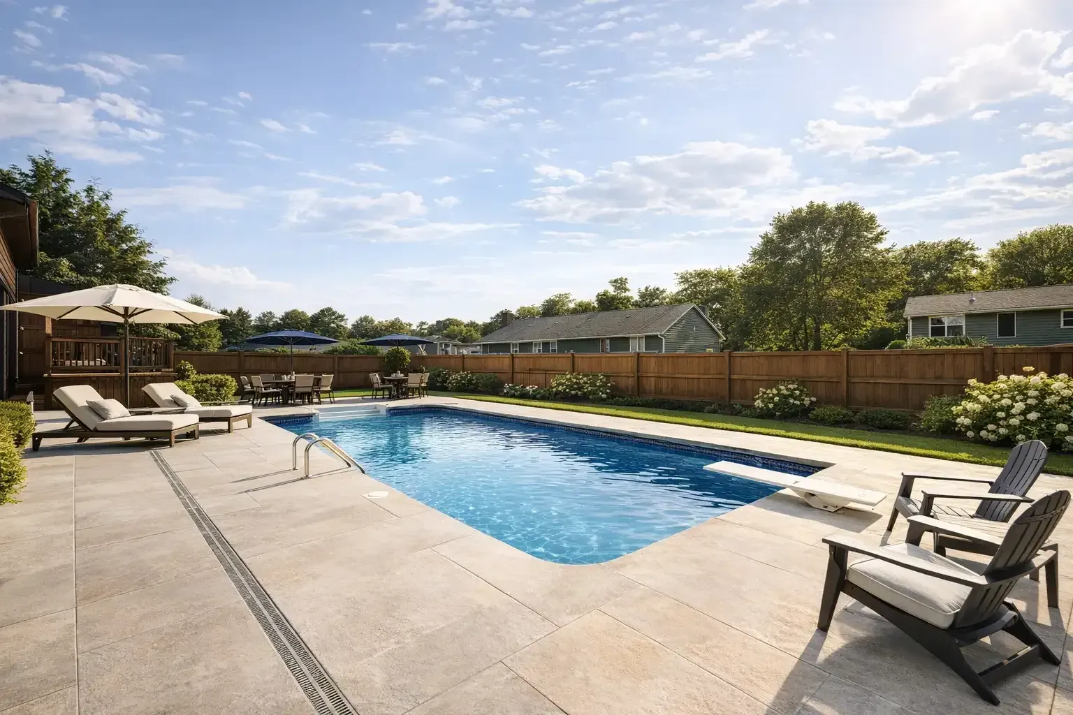 A rectangular backyard swimming pool surrounded by a stone patio, lounge chairs, and a wooden privacy fence.