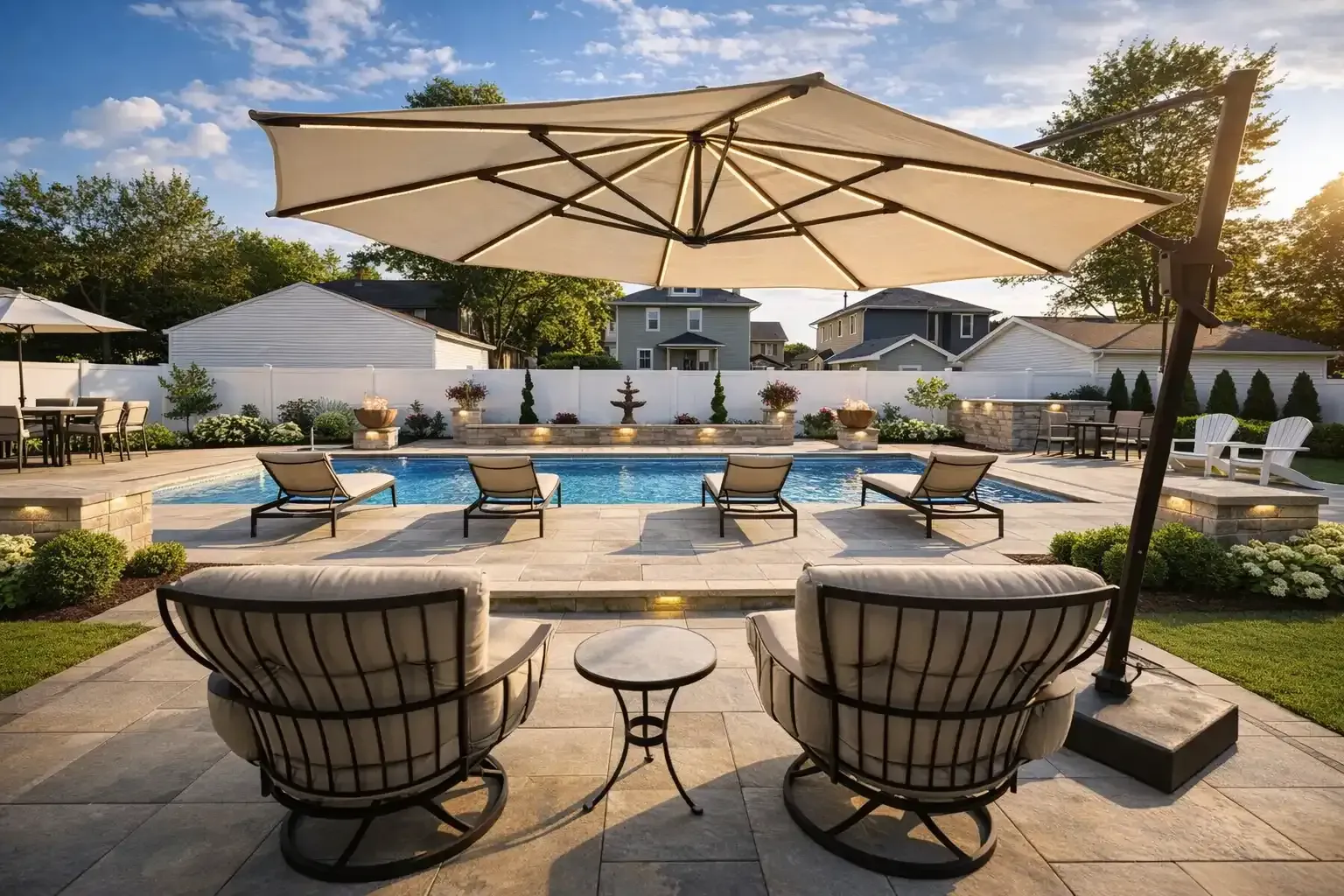 A sunlit patio features a swimming pool with lounge chairs, two armchairs under a large umbrella, and a stone backdrop.