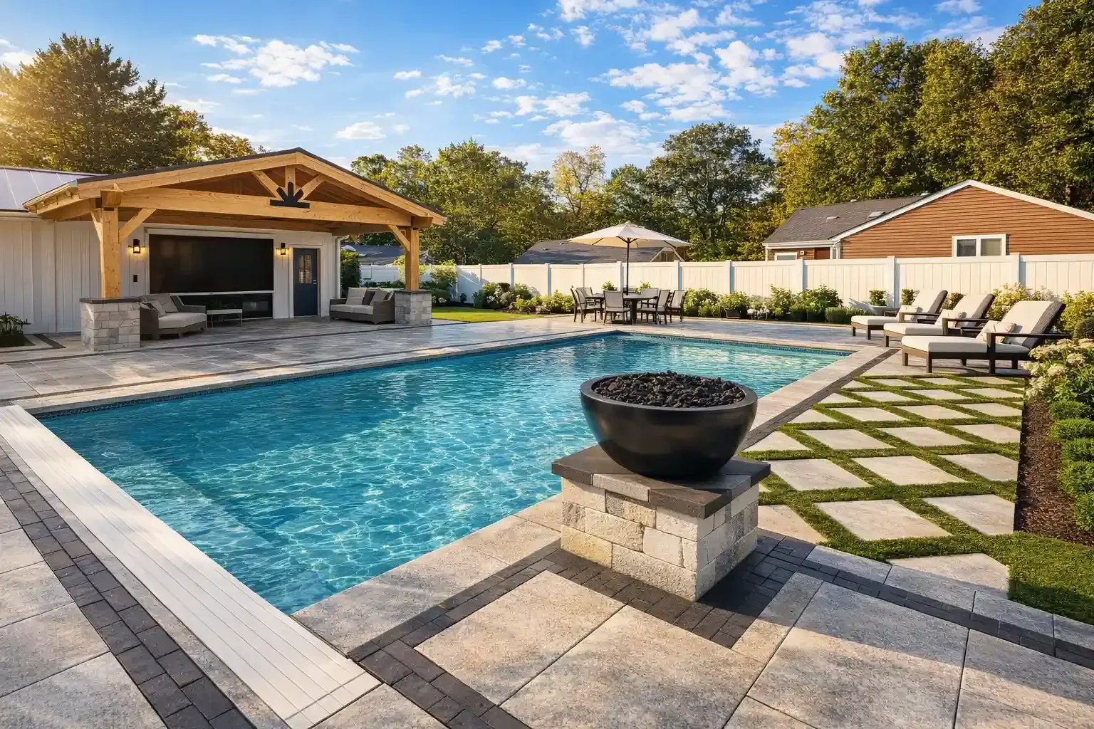 A backyard swimming pool with a stone patio, fire bowl, and a covered lounge area under a wooden pavilion.
