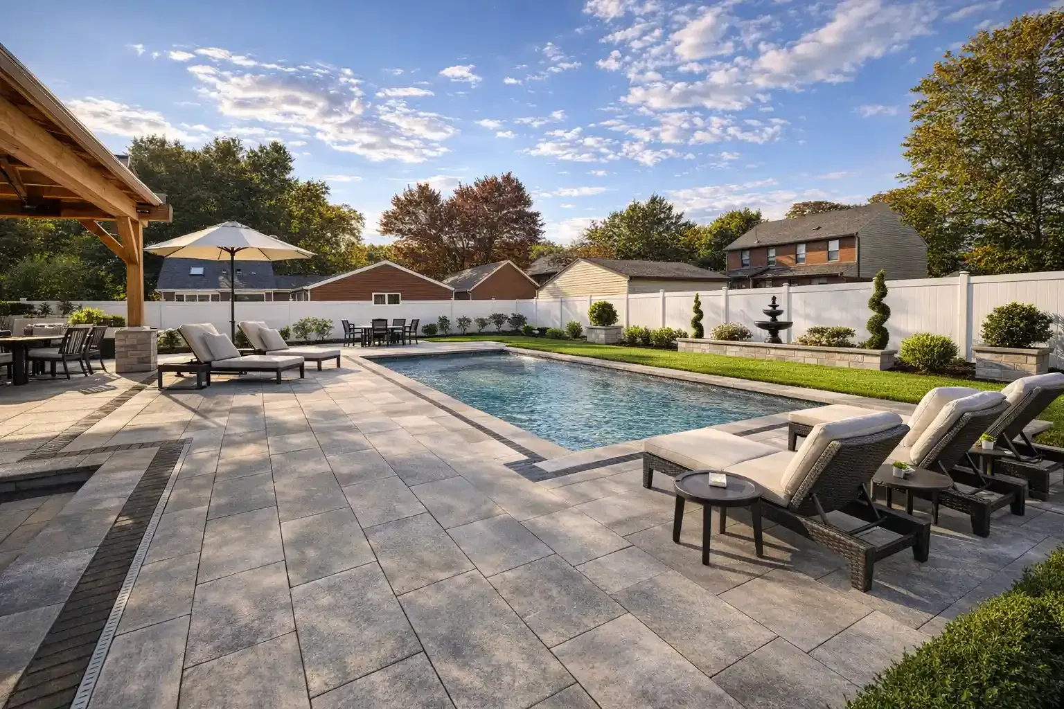 A backyard pool with lounge chairs on a stone patio under a bright, sunny sky.