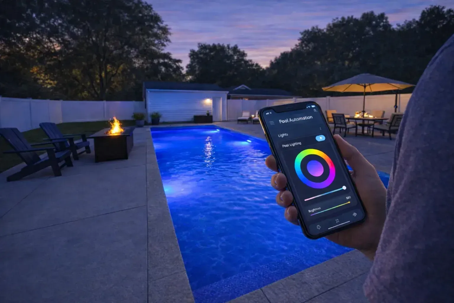 Man testing pool water with a kit near a pool in a backyard.