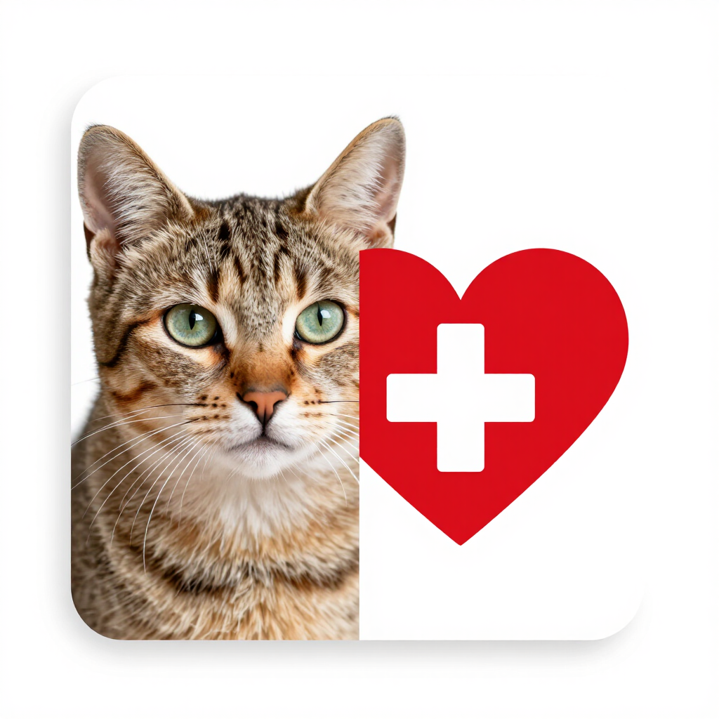 Gato atigrado junto a un corazón rojo con un icono de cruz médica blanca.