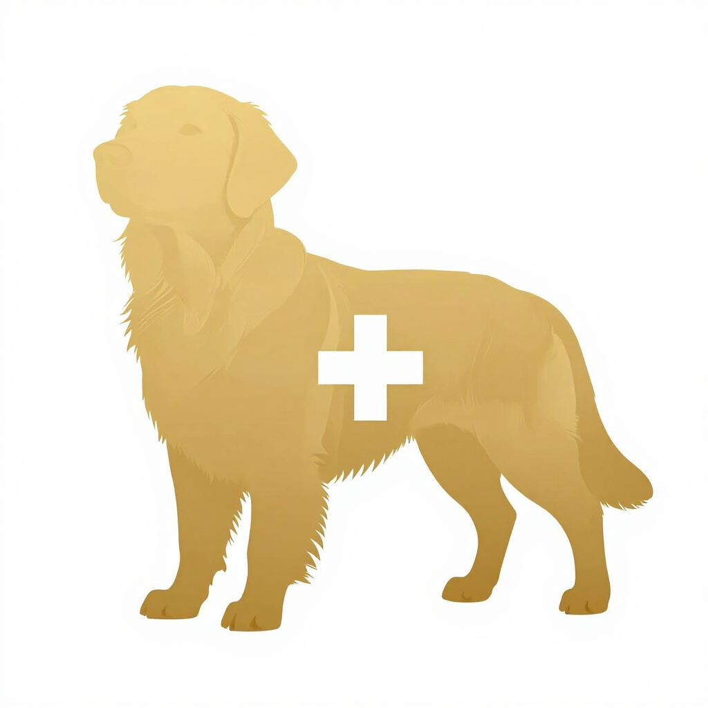 Silueta dorada de un perro con una cruz médica blanca en su costado.