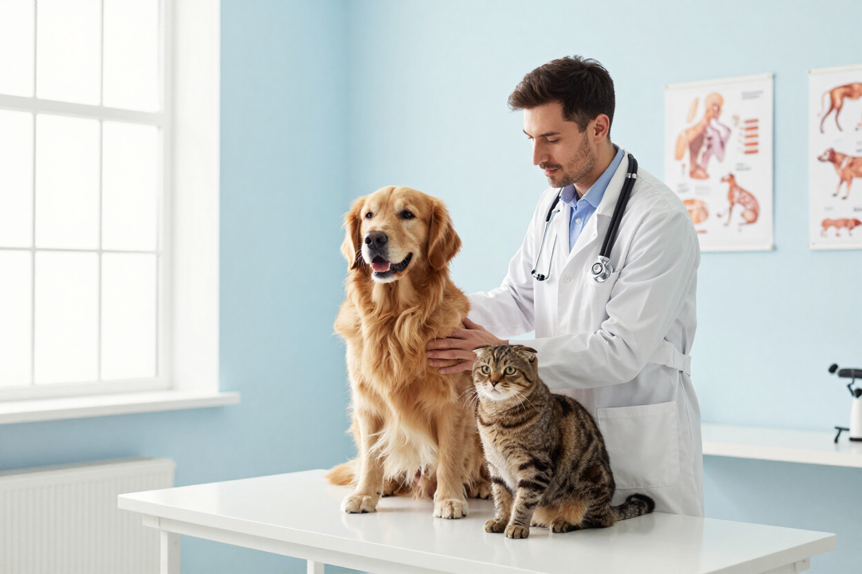 Veterinario con un golden retriever y un gato atigrado en una mesa de exploración en una clínica luminosa.