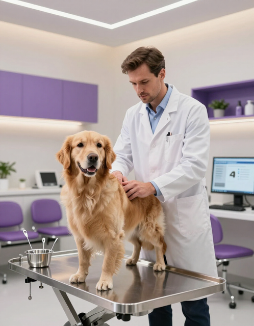 Veterinario examinando a un golden retriever en una mesa de exploración en una clínica moderna.
