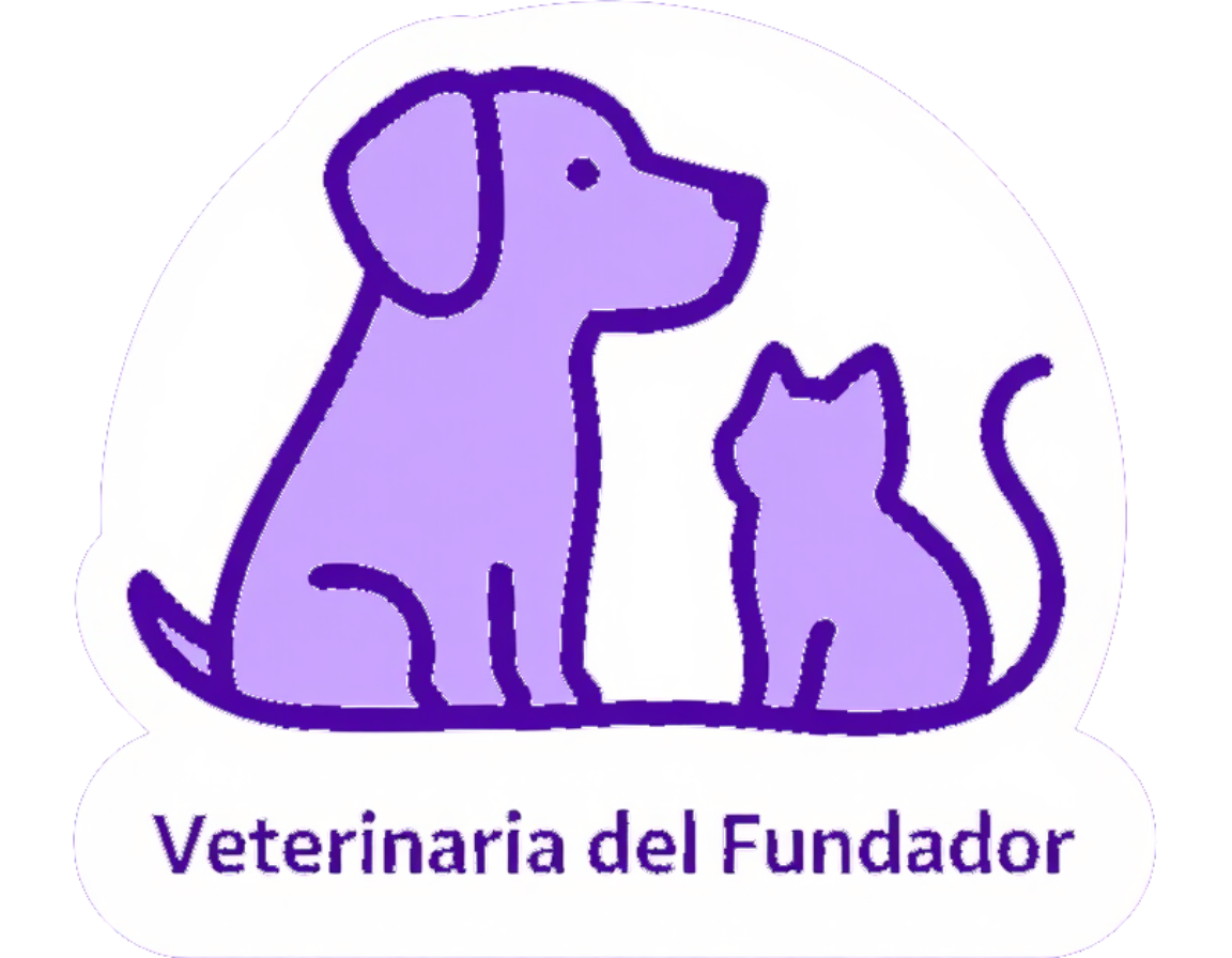 Logotipo morado de un perro y un gato con el texto “Veterinaria del Fundador”
