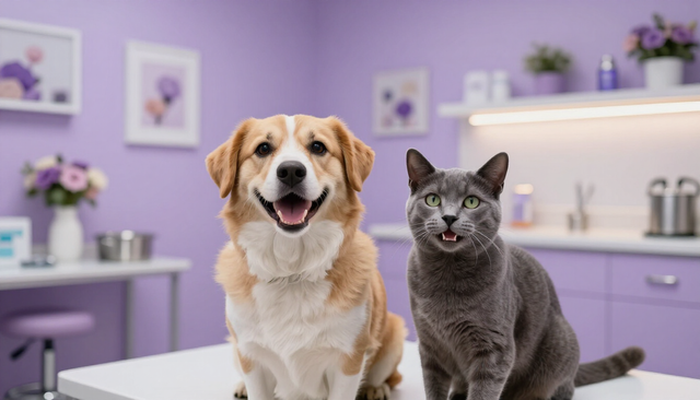 Un perro de color canela sonriente y un gato gris están sentados en una cocina de color morado pastel con flores.