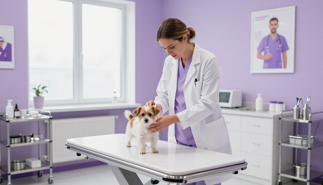 Veterinario examinando a un perro pequeño sobre una mesa en una clínica veterinaria de color morado brillante.
