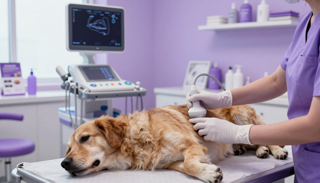 Sala de exploración de una clínica veterinaria con un perro tumbado en una mesa mientras un veterinario utiliza un ecógrafo.