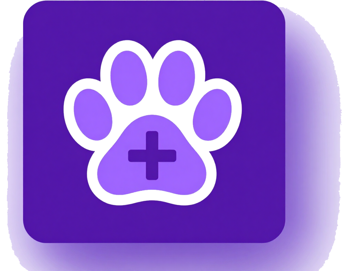 Icono morado de una aplicación de cuidado de mascotas con una pata blanca y una cruz