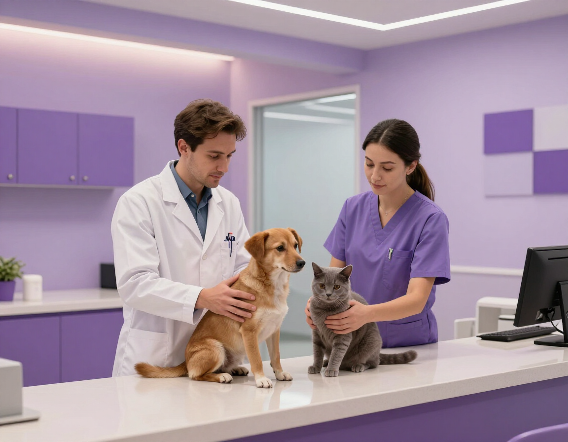 Un veterinario y una enfermera examinan a un perro y un gato en una clínica veterinaria de color púrpura.