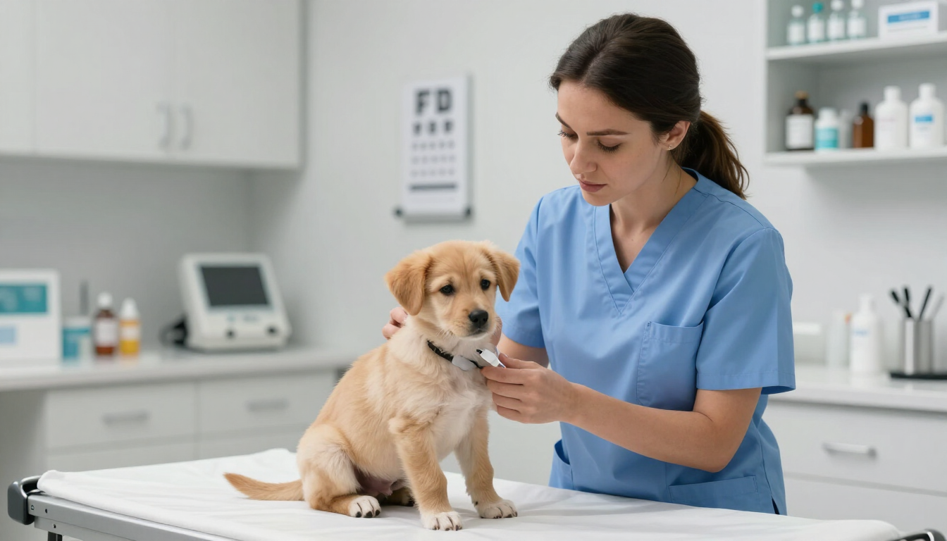 Veterinario con bata azul examinando a un cachorro dorado en una luminosa sala de examen de la clínica.
