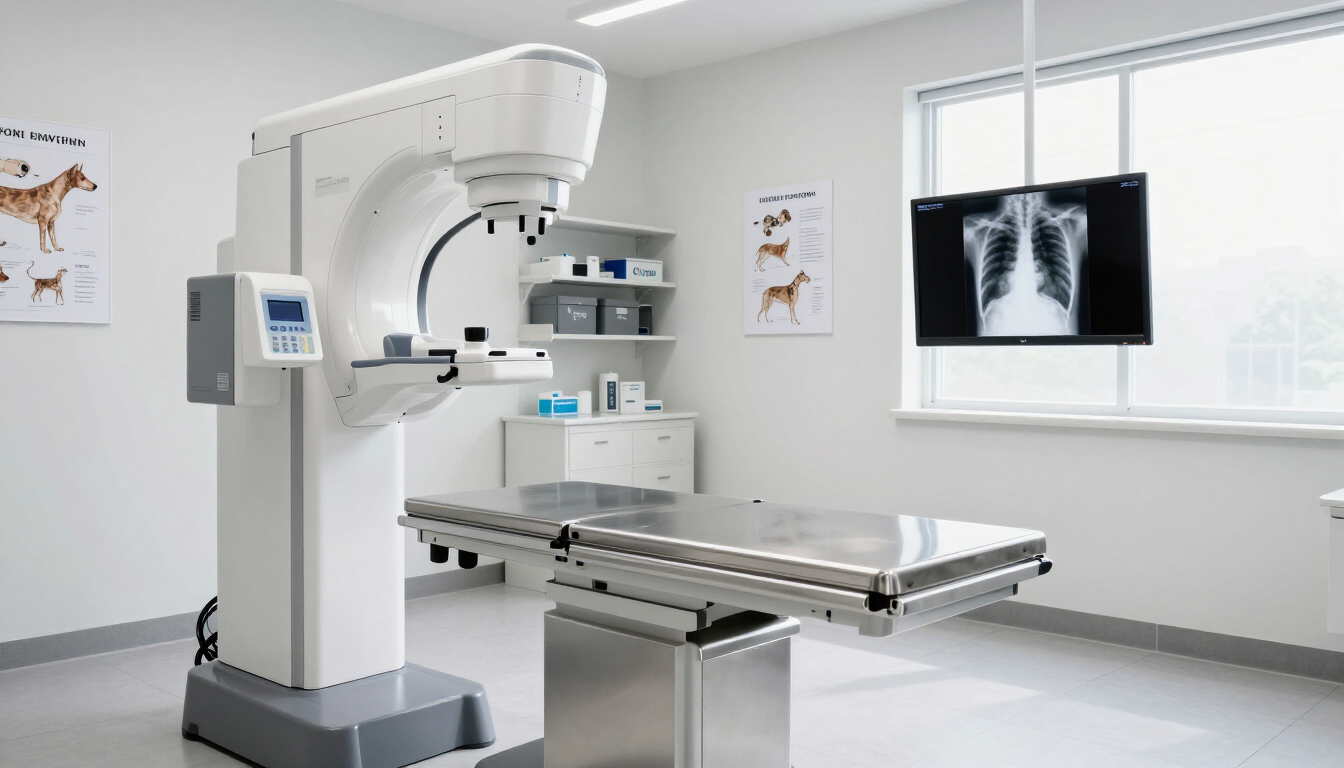 Sala moderna de diagnóstico por imagen con escáner CT y mesa de pacientes junto a una pantalla de rayos X.