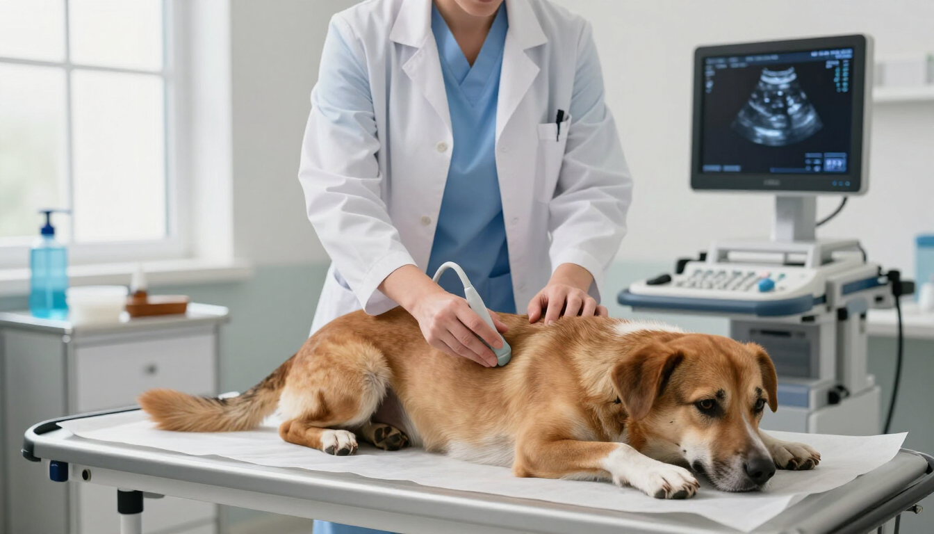 Veterinario examinando a un perro marrón en una mesa de exploración en una clínica, con un monitor de ultrasonido cerca.