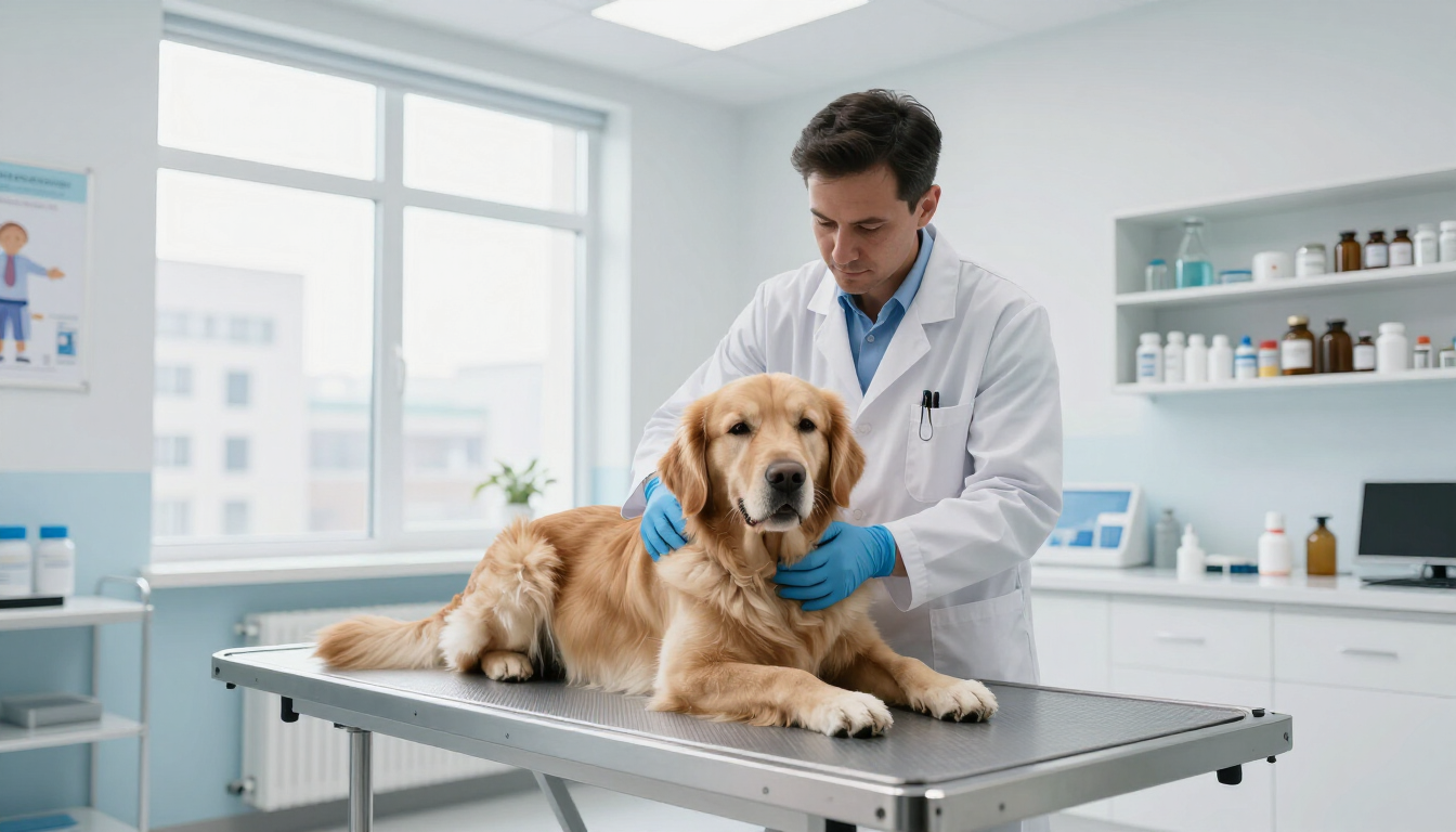 Veterinario examinando a un golden retriever en una mesa de exploración en una clínica luminosa.