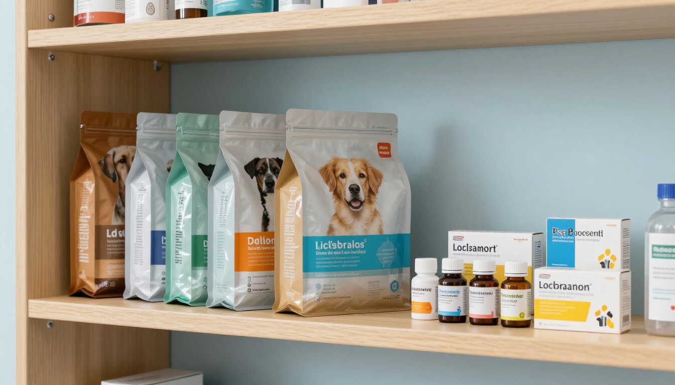 Alimentos para perros y productos para el cuidado de mascotas ordenados cuidadosamente en estantes de madera.