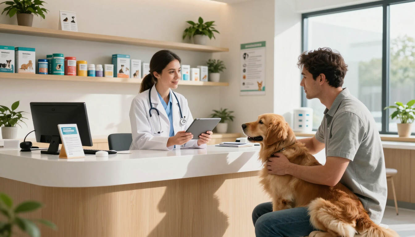 Veterinario consultando con un hombre que sostiene un golden retriever en la recepción de una luminosa clínica.
