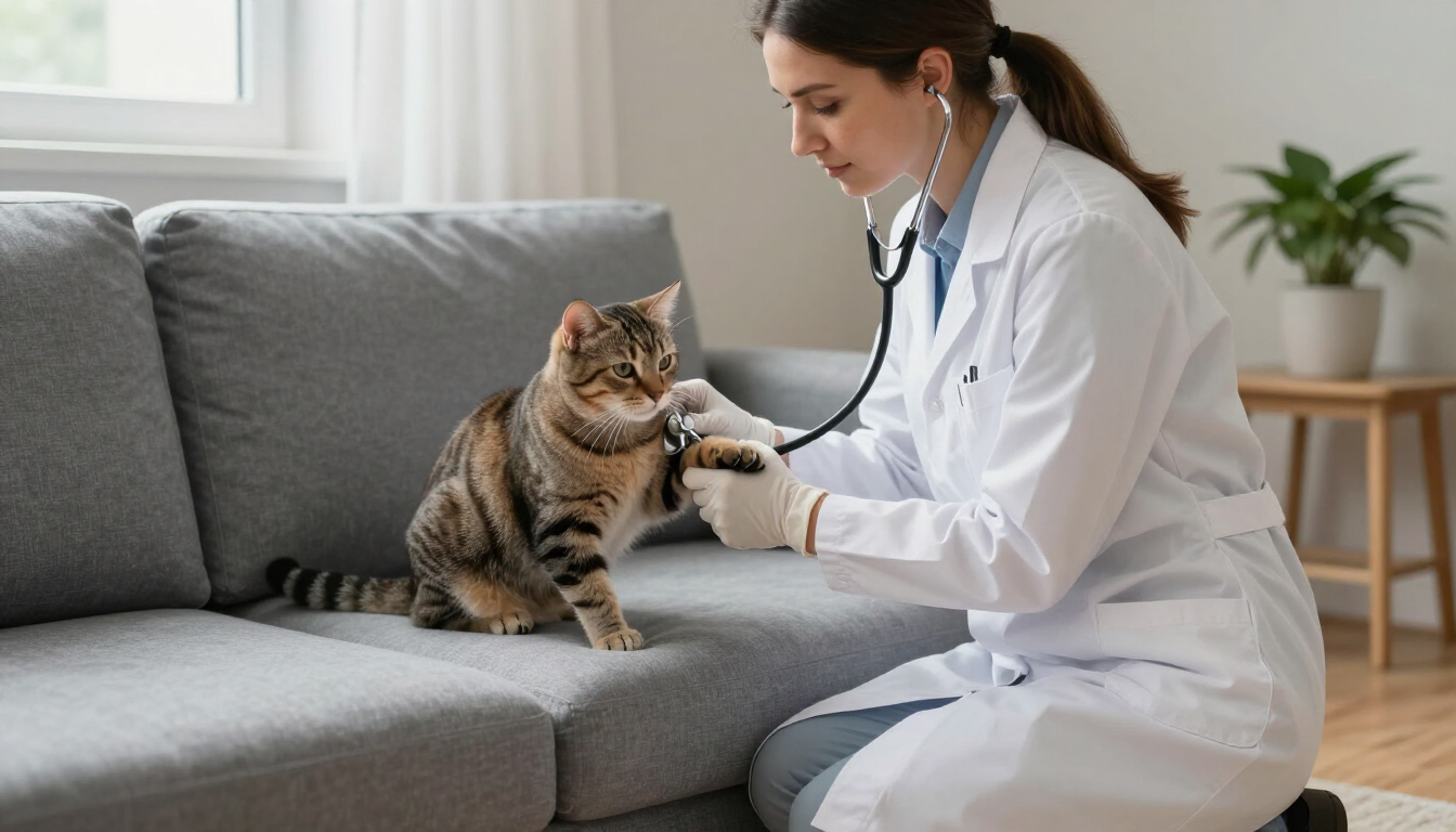 Veterinario con bata blanca examinando a un gato atigrado en un sofá gris.