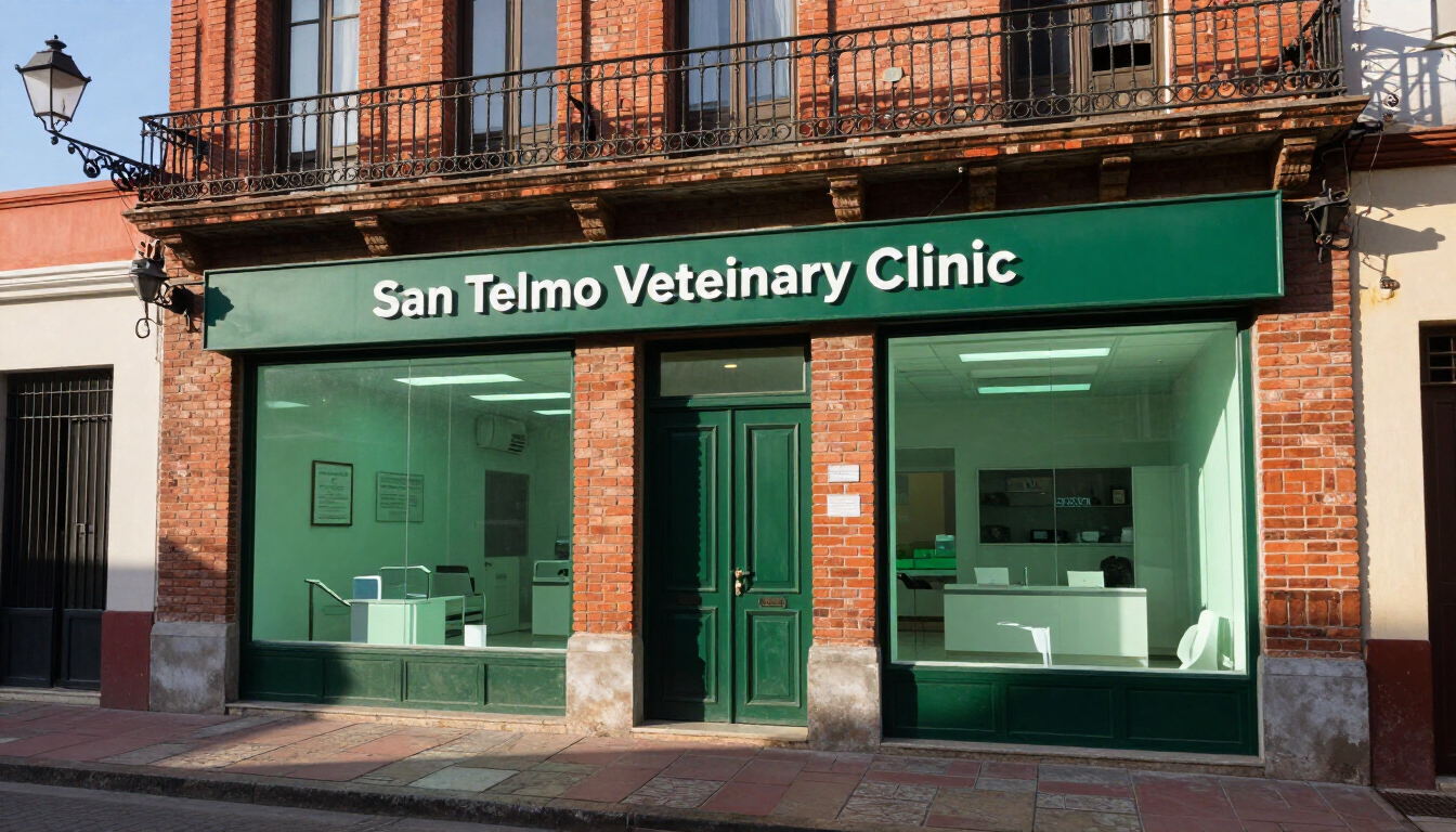 Fachada de la clínica veterinaria San Telmo con toldo verde y fachada de ladrillo.