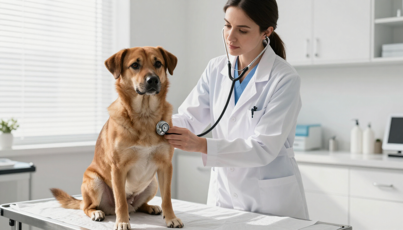 Veterinario examinando a un perro marrón en una luminosa sala de consulta.