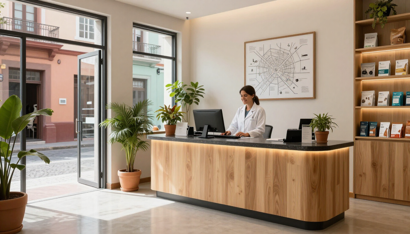 Mostrador de recepción luminoso y moderno con una persona trabajando, plantas en macetas