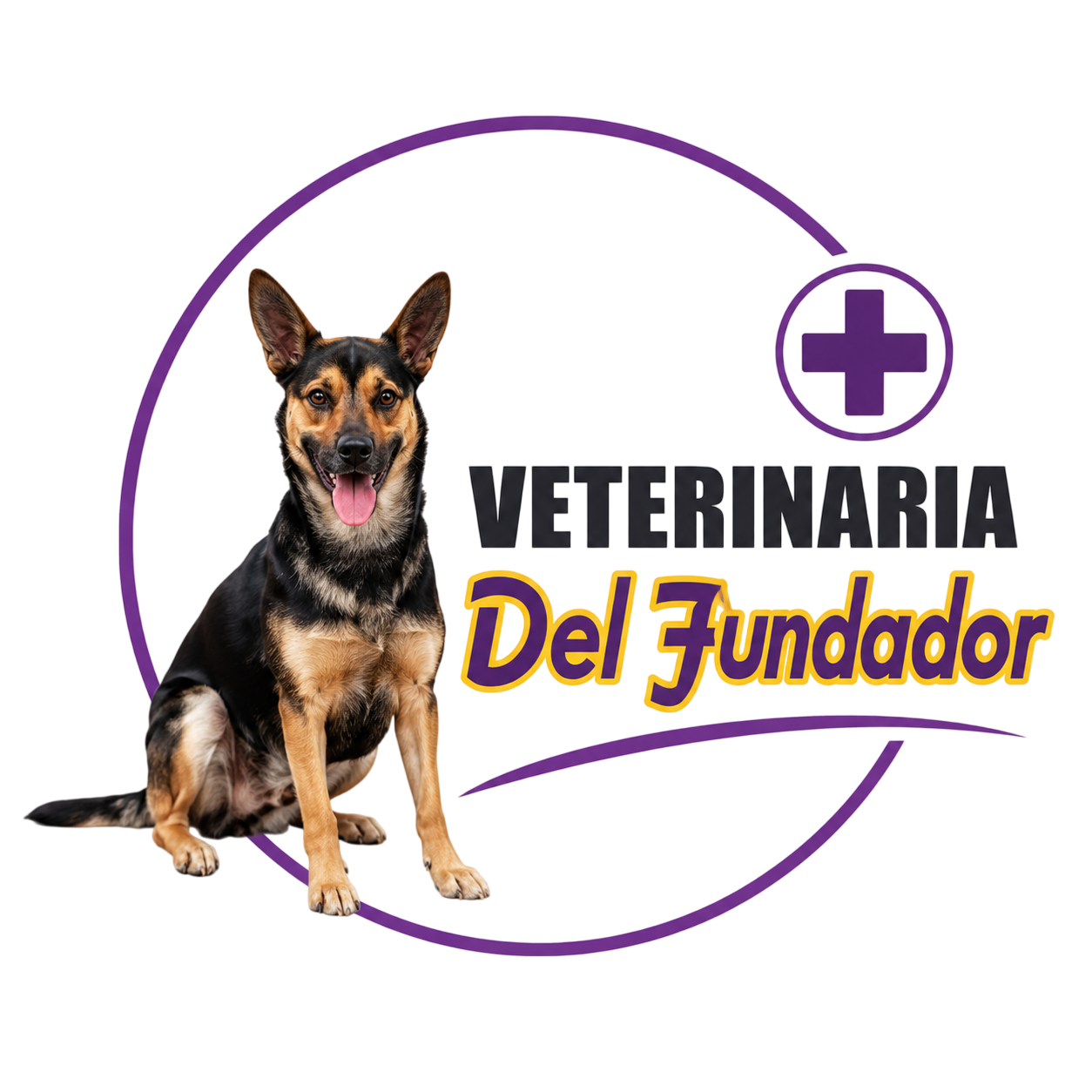 Logotipo de clínica veterinaria con un pastor alemán, una cruz morada y el texto “Veterinaria Del Fundador”.