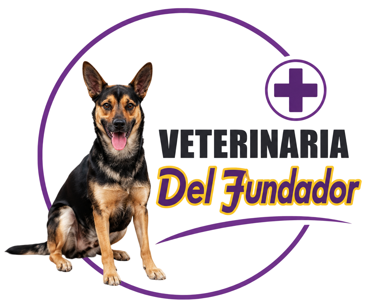 Logotipo de Veterinaria Del Fundador con un pastor alemán, un círculo morado y un icono de cruz.