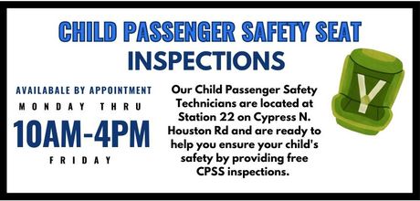 A sign that says child passenger safety seat inspections. Links to community services page with fillable form to request child seat inspection
