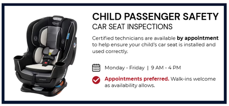 A sign that says child passenger safety seat inspections. Links to community services page with fillable form to request child seat inspection