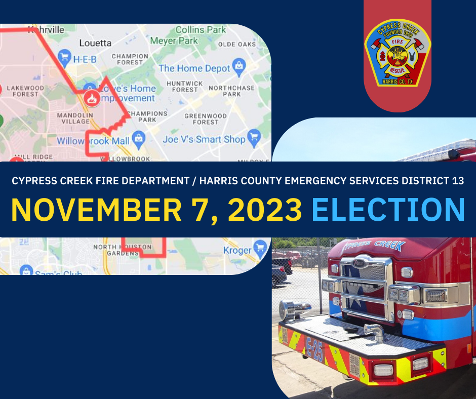 The cypress creek fire department is holding a november 7 , 2023 election.