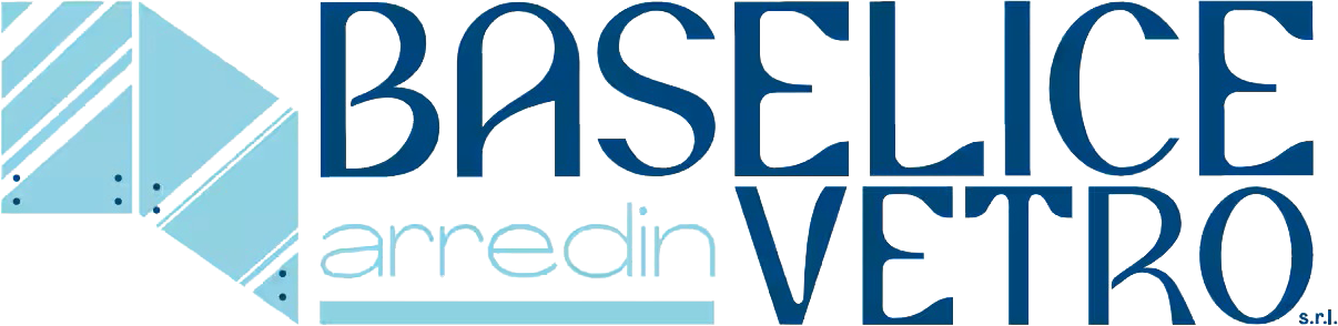 Logo di Baselice Vetro con icona geometrica blu e testo in blu e grigio.