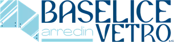 Logo di Baselice Vetro con icona geometrica blu e testo in blu e grigio.