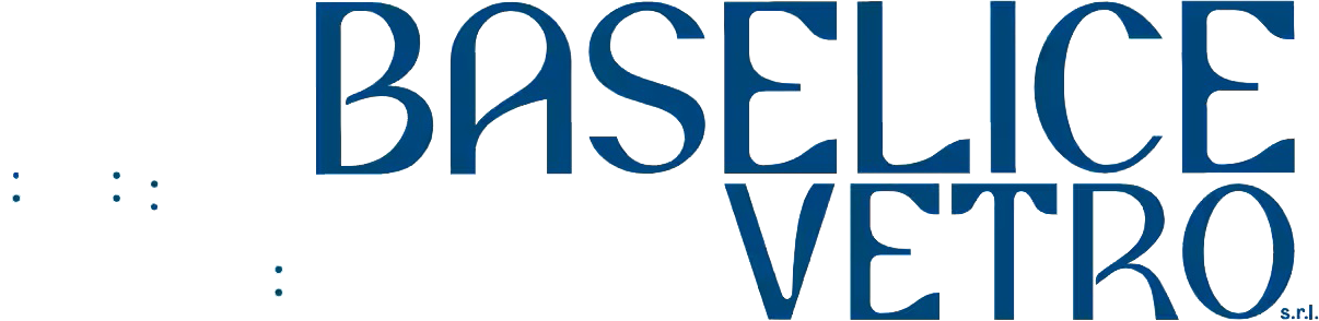 Logo di Baselice Vetro in blu con testo stilizzato su sfondo bianco.