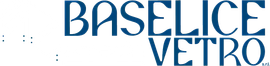 Logo di Baselice Vetro in blu con testo stilizzato su sfondo bianco.