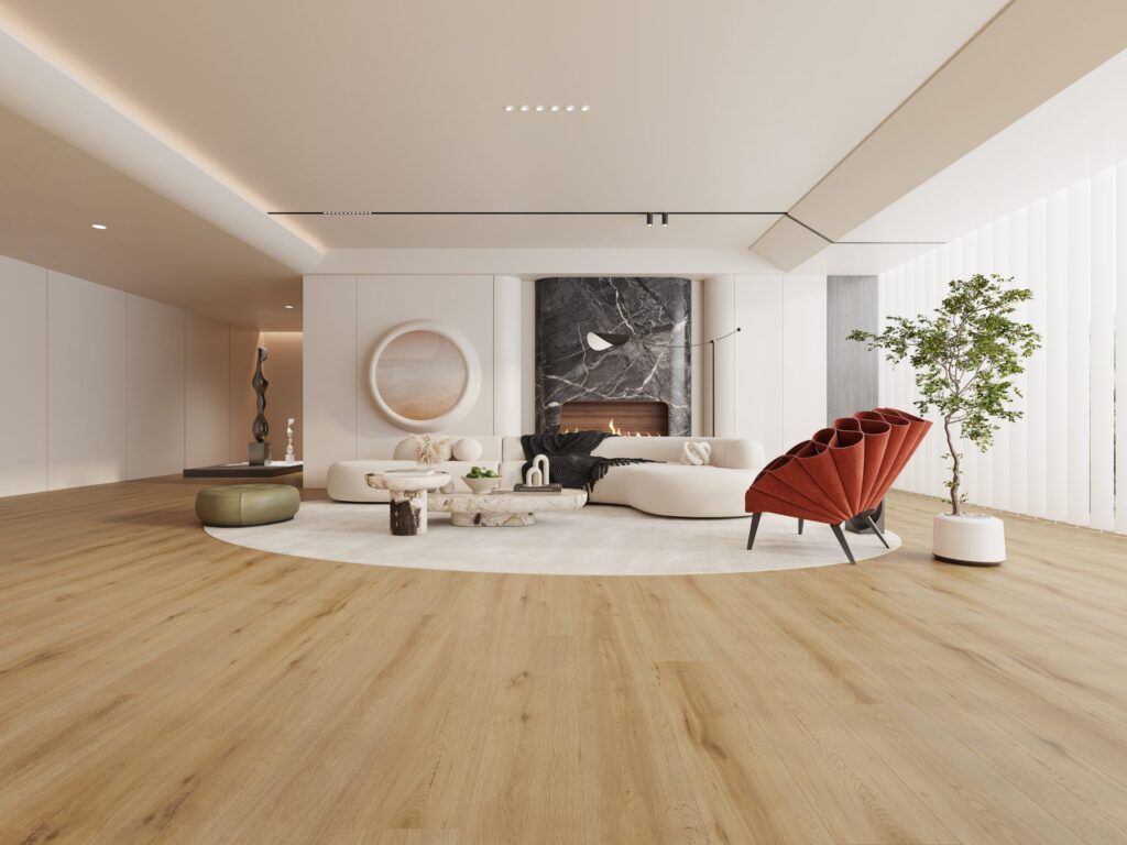 Modern living room with wood flooring, white curved sofa, fireplace, black marble feature wall, and red accent chair.