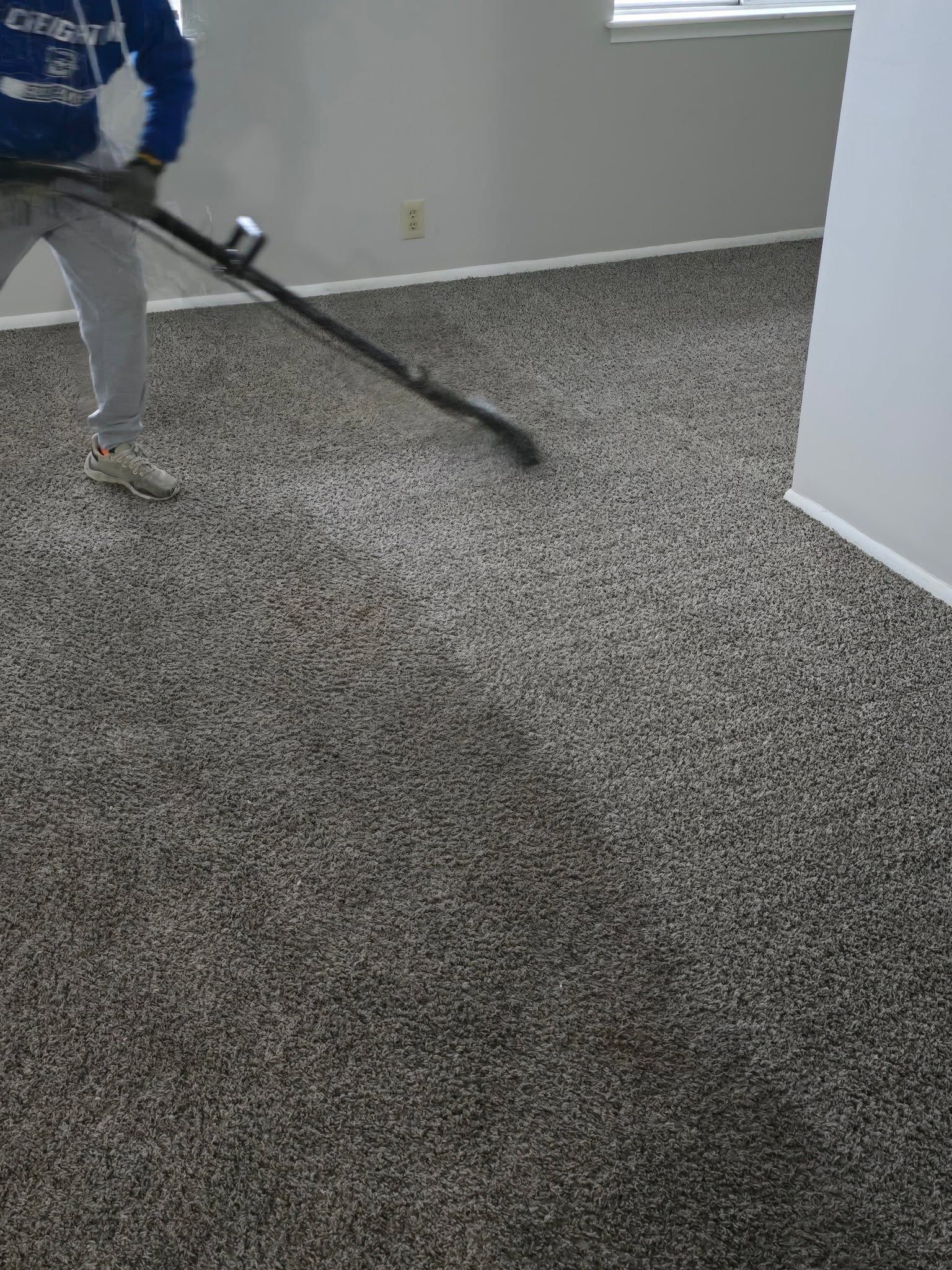 Carpet cleaning with a vacuum in an empty room with gray walls and white trim
