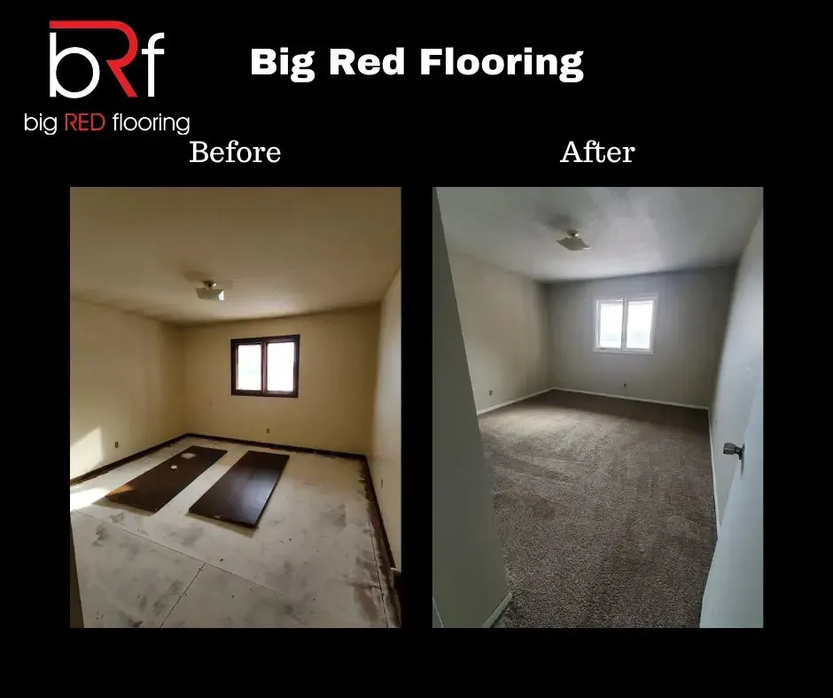 Before-and-after of a small room with new carpet installed by Big Red Flooring