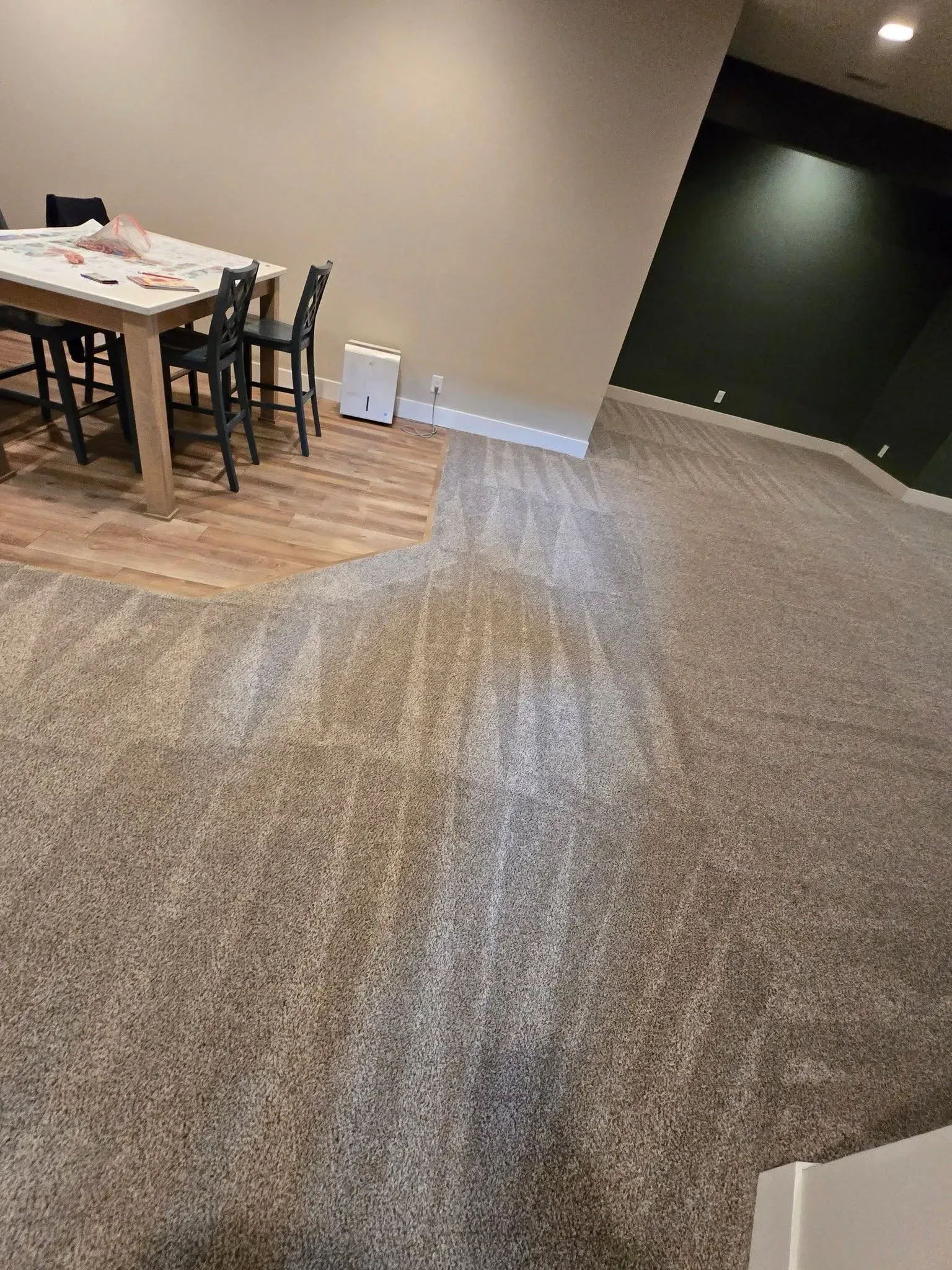 Empty carpeted room with a dining table and chairs on the left, dark walls, and a doorway