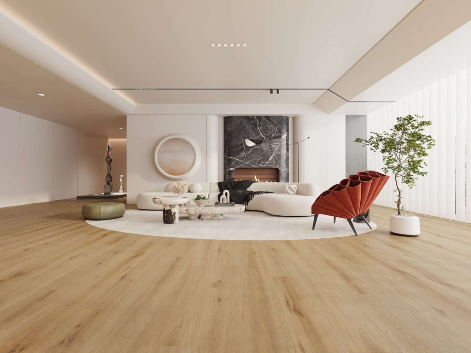 A modern living room with light wood floors, a curved white sofa, a black marble fireplace, and a red sculptural chair.